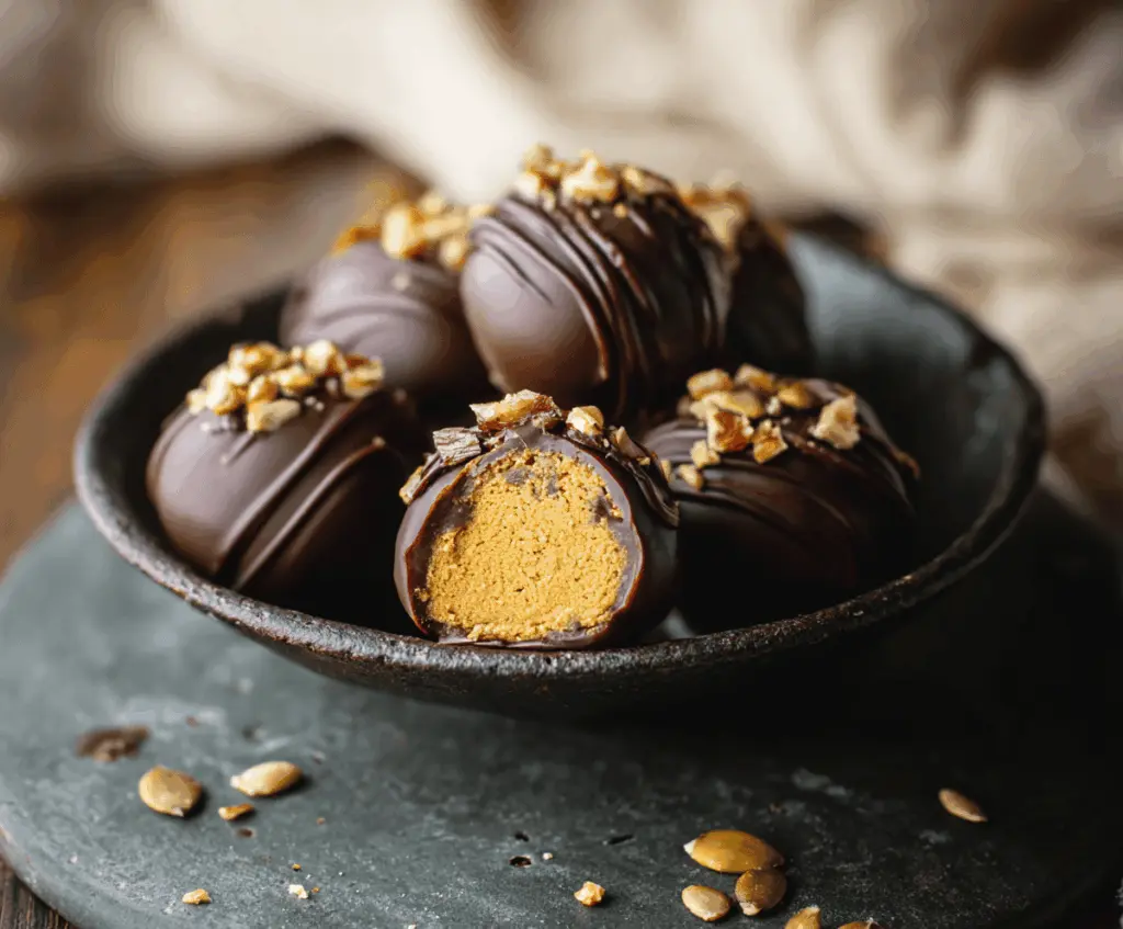 Creamy pumpkin truffles coated in chocolate, perfect for fall desserts and holiday treats.
