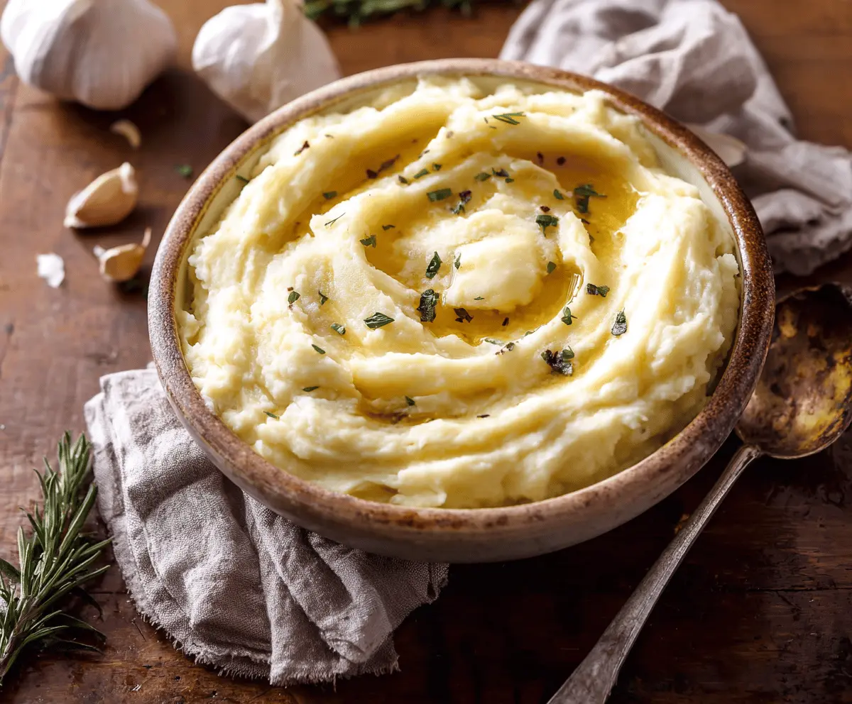 Creamy roasted garlic mashed potatoes served in a rustic bowl, perfect for a comforting side dish.