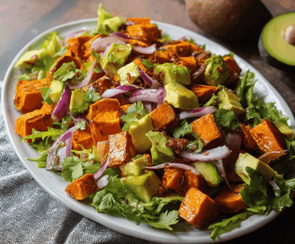 Fresh roasted sweet potato and creamy avocado salad with colorful vegetables on a white plate, perfect for a healthy meal