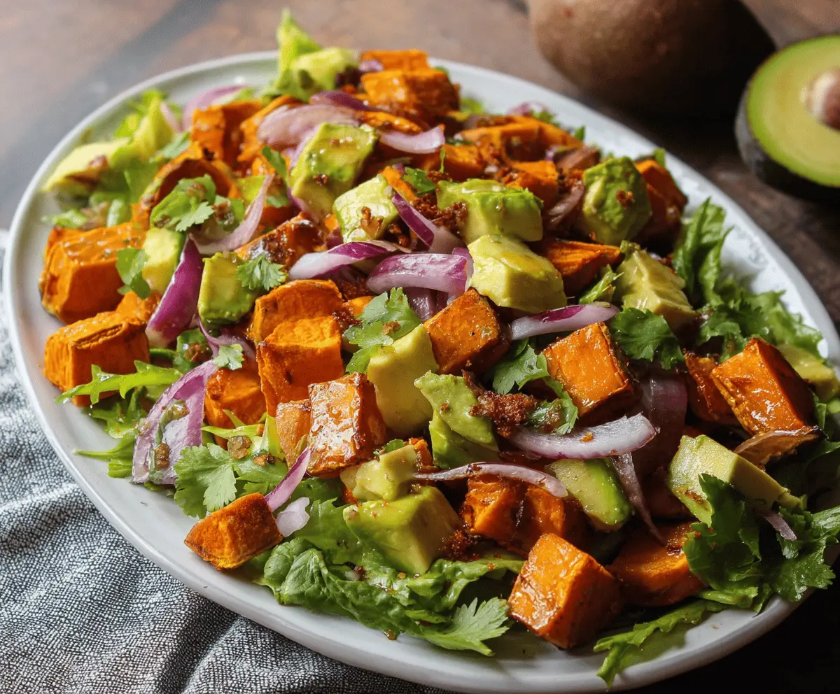 Fresh roasted sweet potato and creamy avocado salad with colorful vegetables on a white plate, perfect for a healthy meal