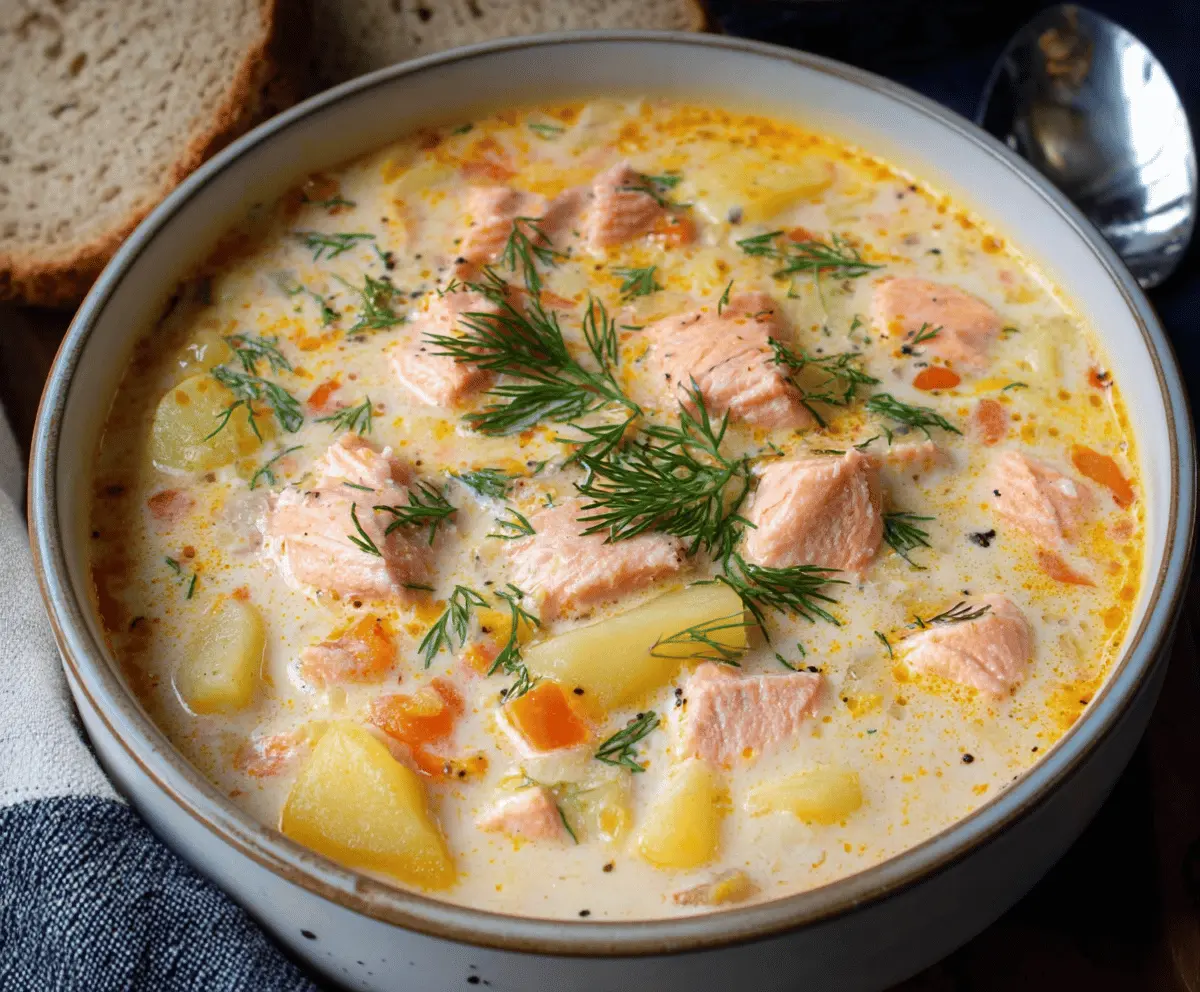 Creamy salmon chowder soup with fresh herbs and vegetables in a bowl.