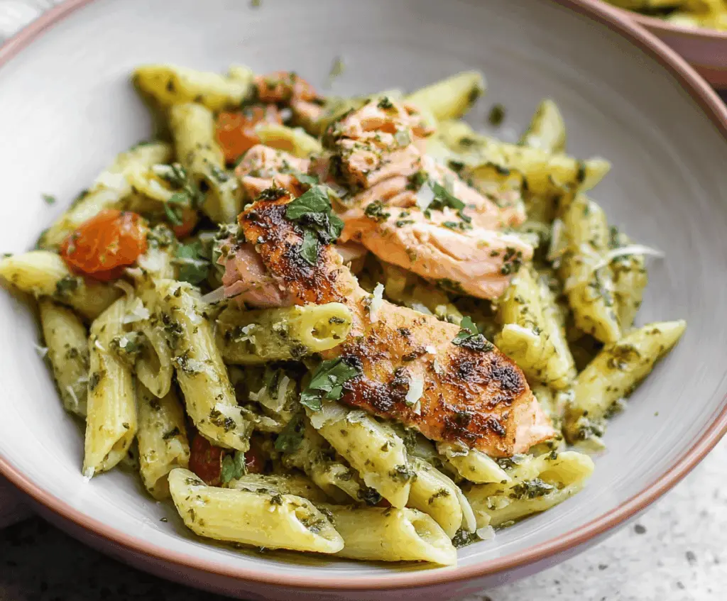 Creamy salmon pesto pasta topped with fresh herbs and cherry tomatoes, served on a white plate