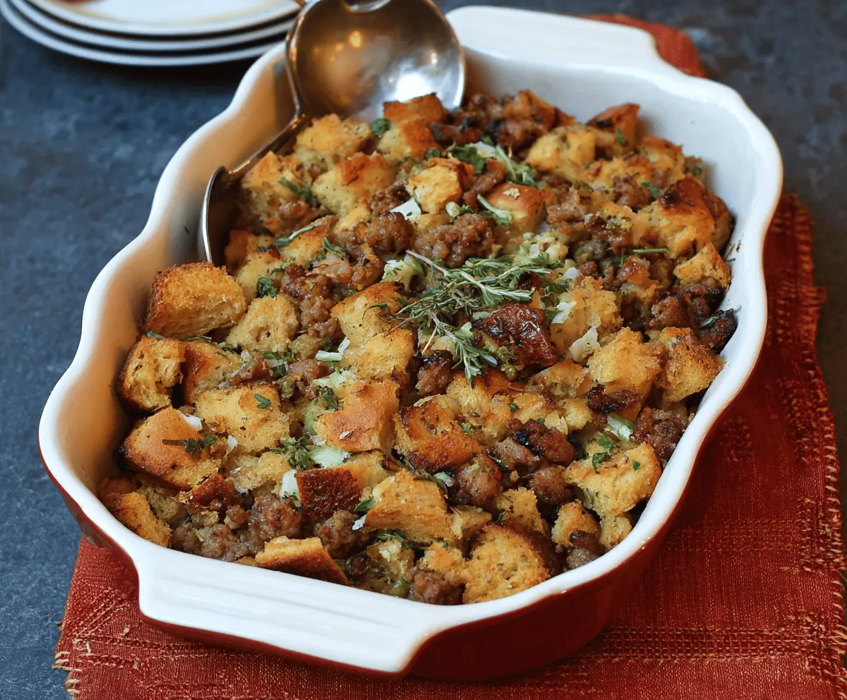 Delicious sausage and herb stuffing served on a festive holiday table.