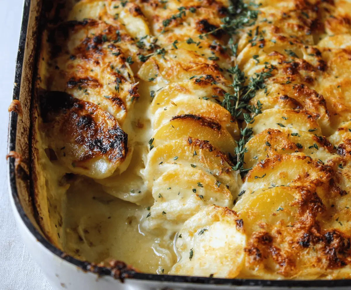 Creamy scalloped potatoes baked with golden cheese and crispy edges, served in a casserole dish.