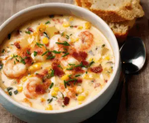 Creamy shrimp and corn chowder in a bowl, garnished with fresh herbs and served with crusty bread.