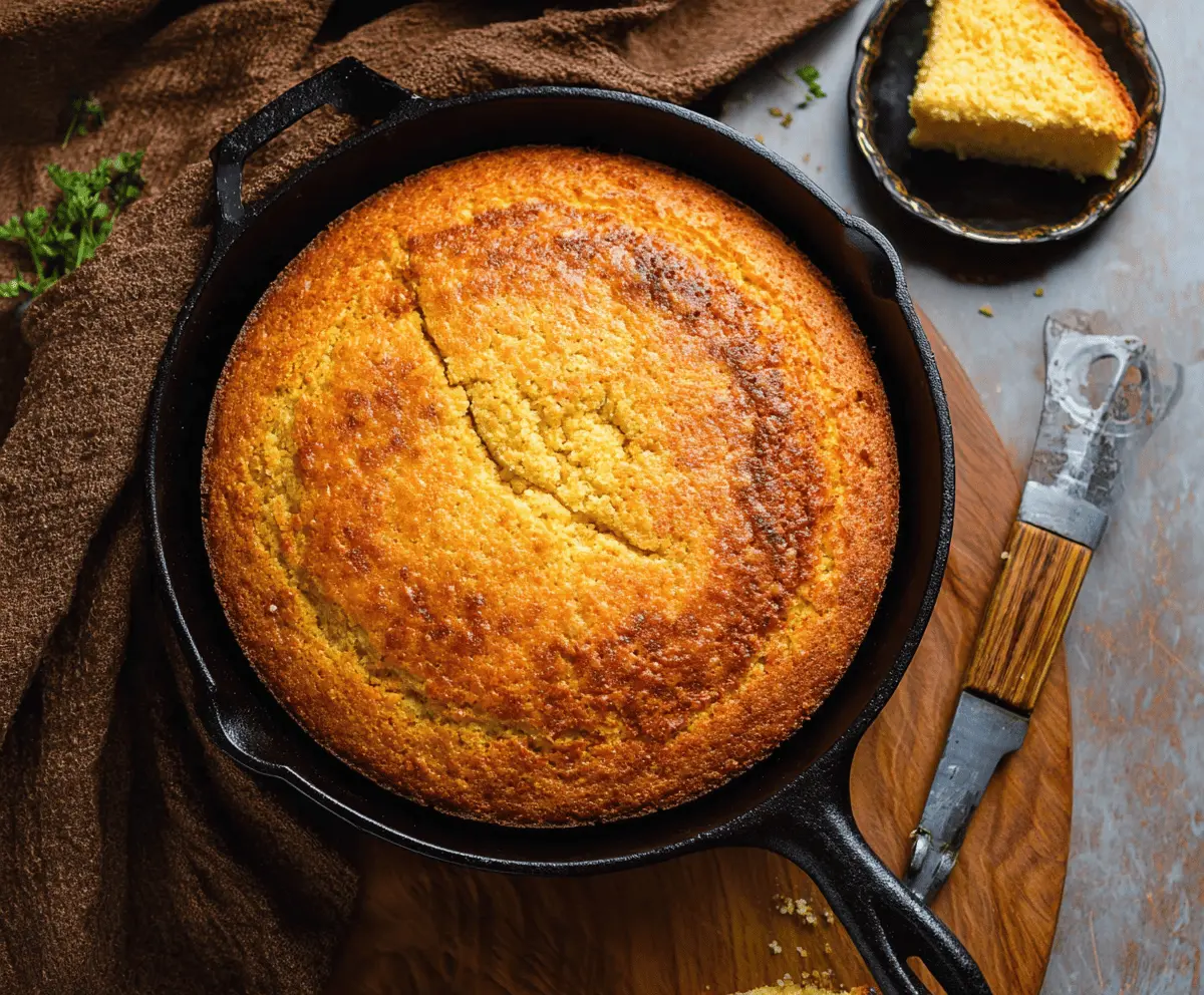 Golden crispy skillet cornbread served in a cast iron skillet, perfect for a delicious Southern-inspired meal.
