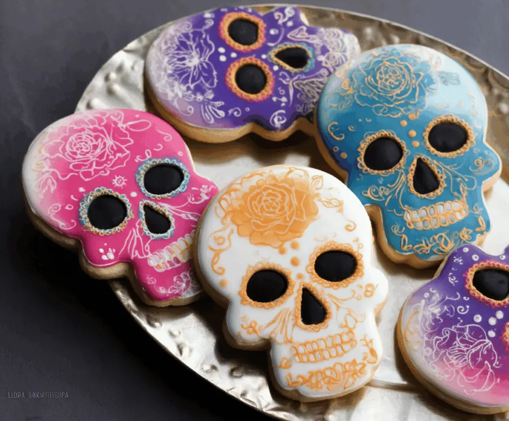 Colorful skull-shaped sugar cookies decorated with vibrant icing and intricate designs, perfect for Halloween or Day of the Dead celebrations.