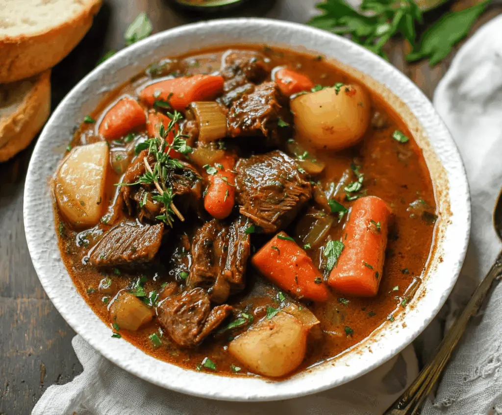 Hearty slow cooker beef stew with tender beef chunks, carrots, potatoes, celery, and peas in a rich savory broth, perfect for comforting meals.