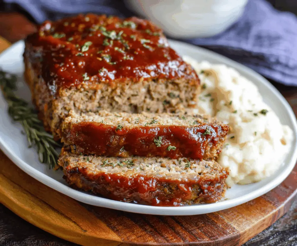 Delicious homemade slow cooker meatloaf topped with ketchup and herbs, ready to serve
