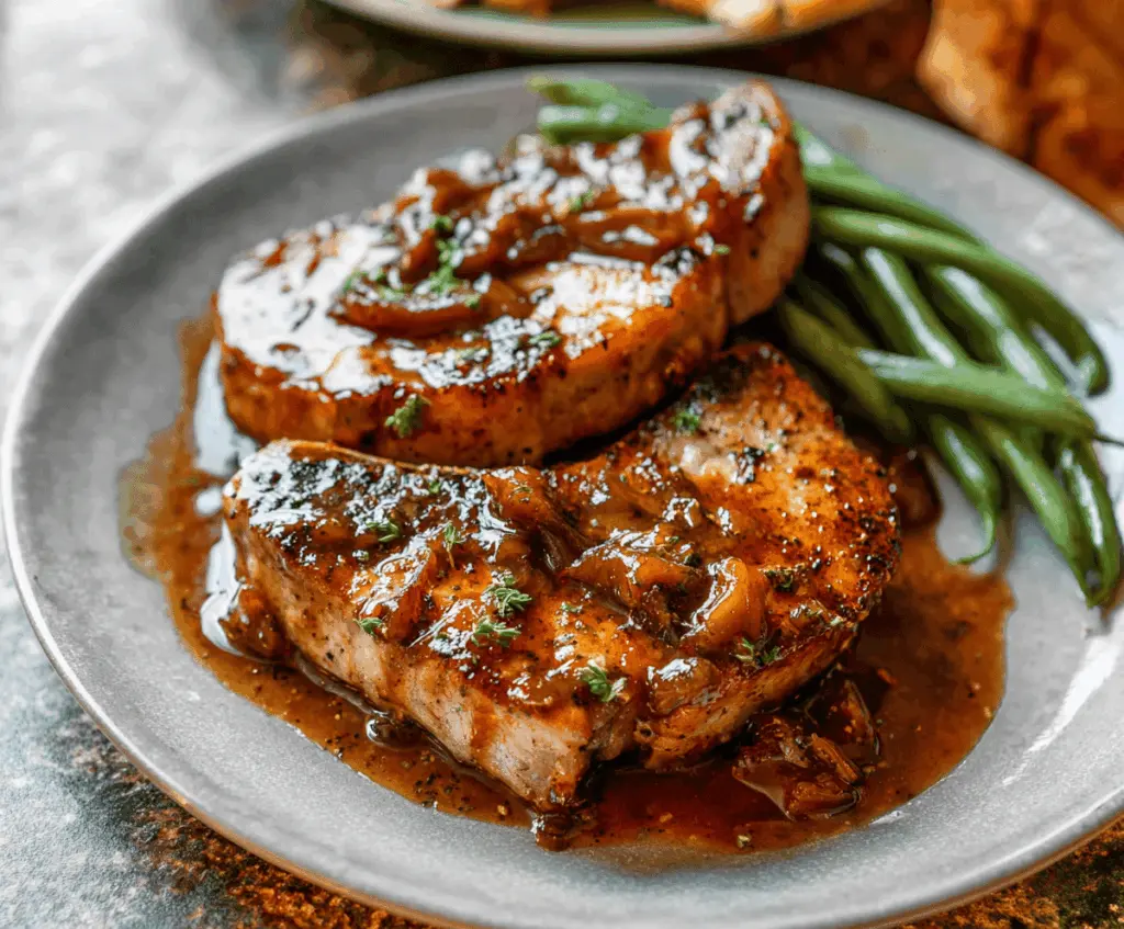 Juicy, tender slow cooker pork chops garnished with herbs and served with vegetables on a rustic plate