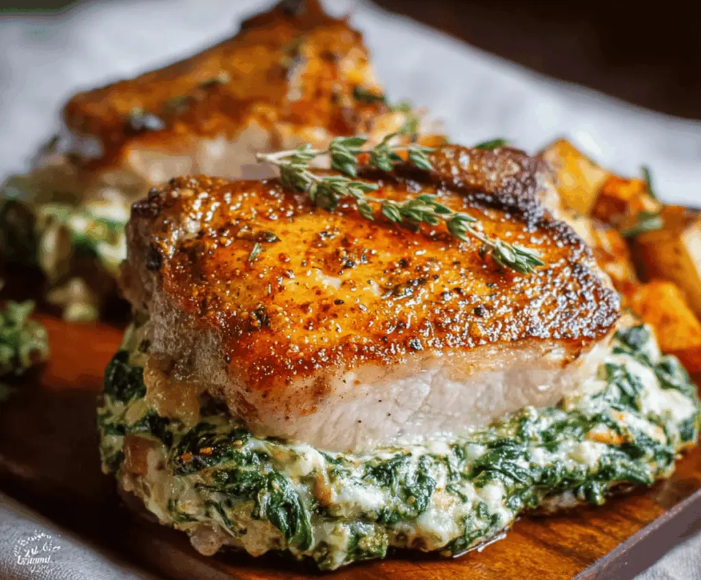 Juicy pork chops stuffed with fresh spinach and melted cheese, served on a plate with herbs for a delicious spinach and cheese stuffed pork chop recipe.
