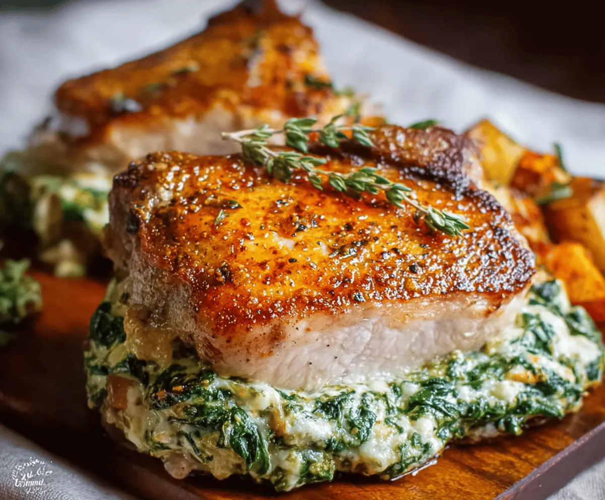 Juicy pork chops stuffed with fresh spinach and melted cheese, served on a plate with herbs for a delicious spinach and cheese stuffed pork chop recipe.