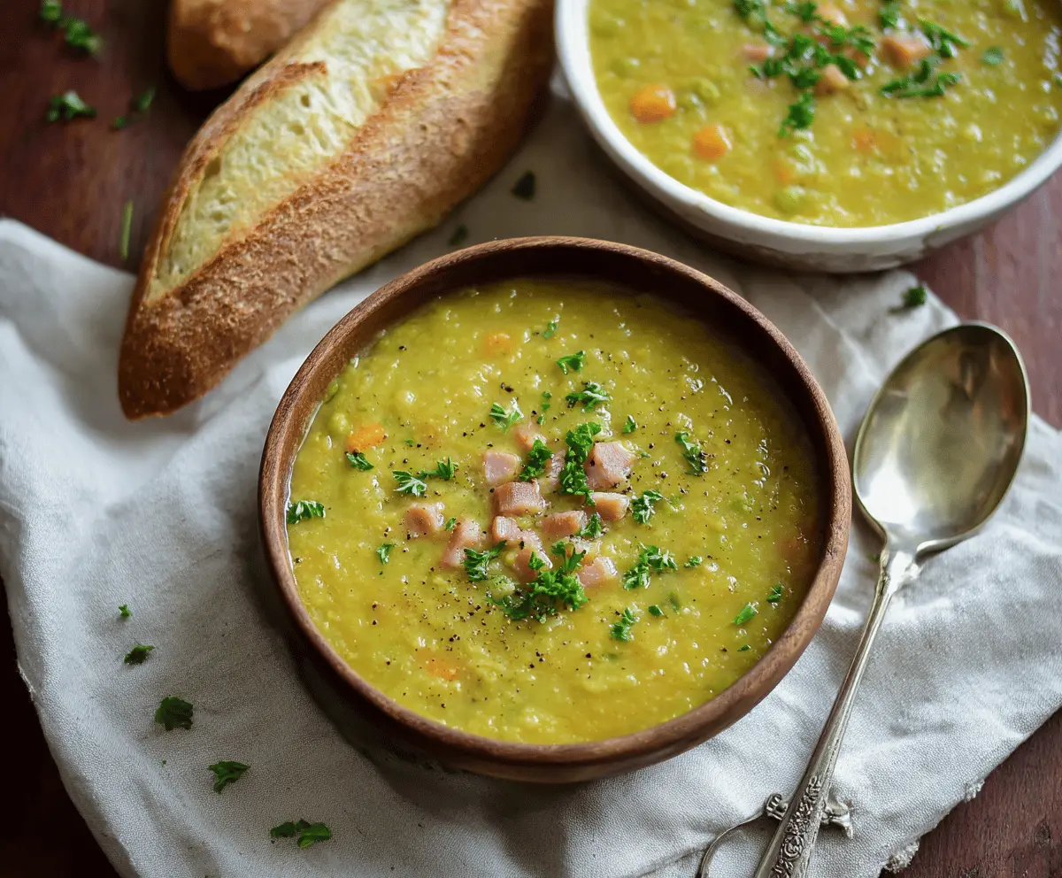 A steaming bowl of creamy split pea soup garnished with chopped herbs and a slice of crusty bread on the side, perfect for a hearty and nutritious meal.