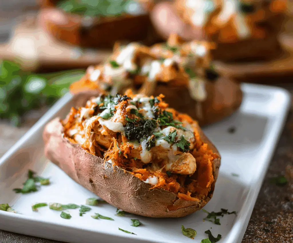 Healthy stuffed sweet potato topped with tender chicken and fresh herbs, ready to serve.