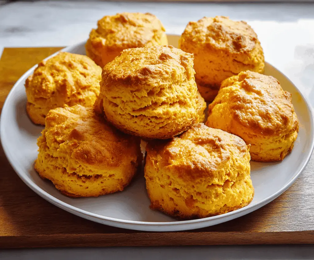 Golden-brown sweet potato biscuits on a rustic wooden table, showcasing their flaky texture and inviting appearance