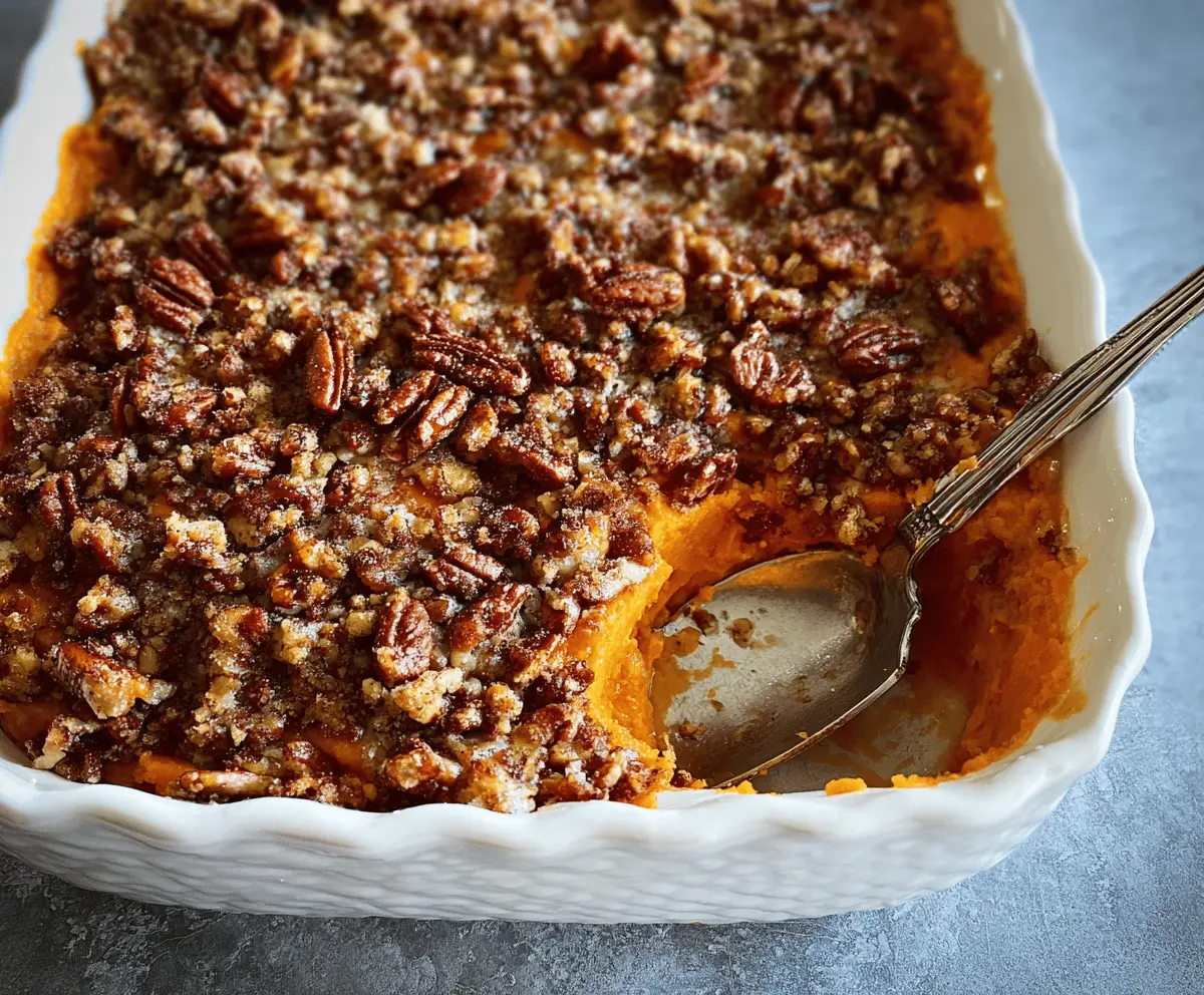 Sweet potato casserole topped with pecan streusel in a baking dish, ready to serve, perfect for holiday dinners