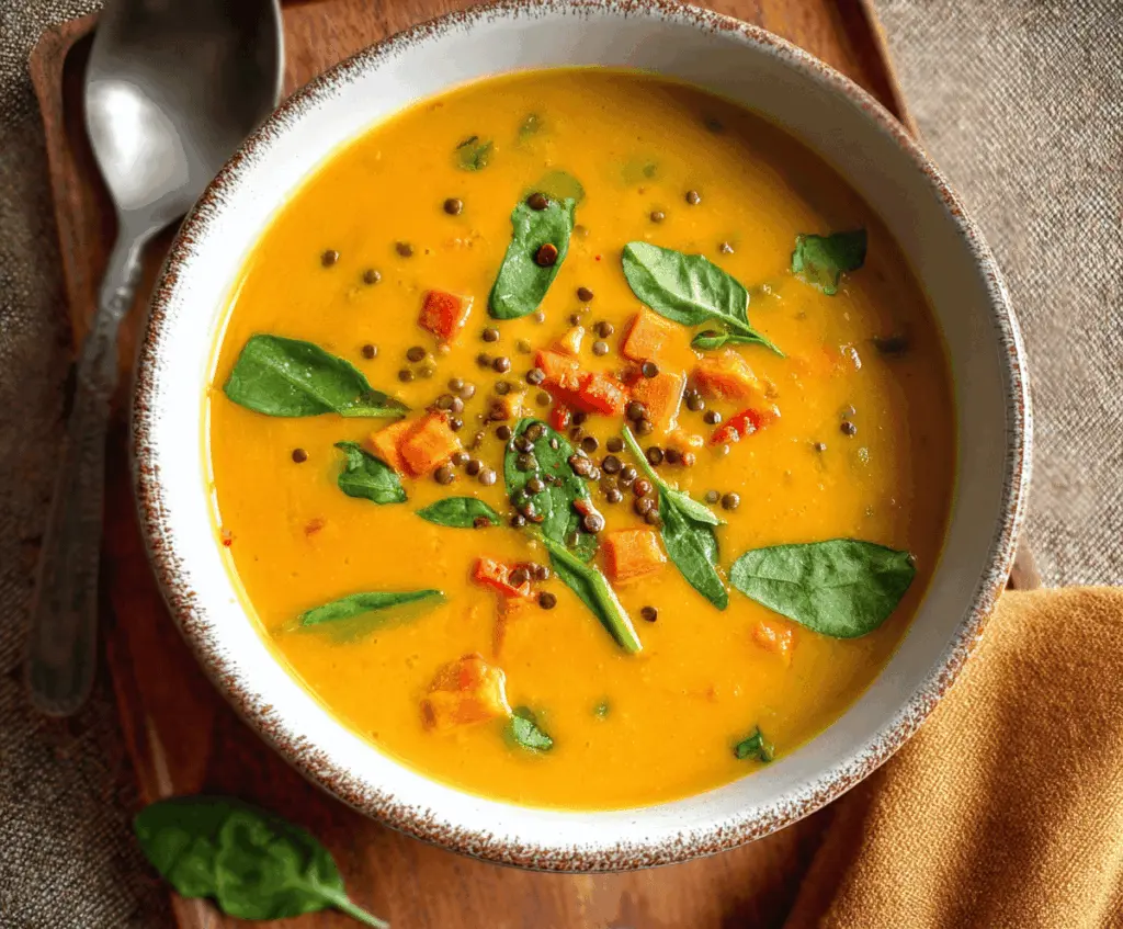 A bowl of flavorful sweet potato curry soup garnished with fresh herbs and served with bread on the side