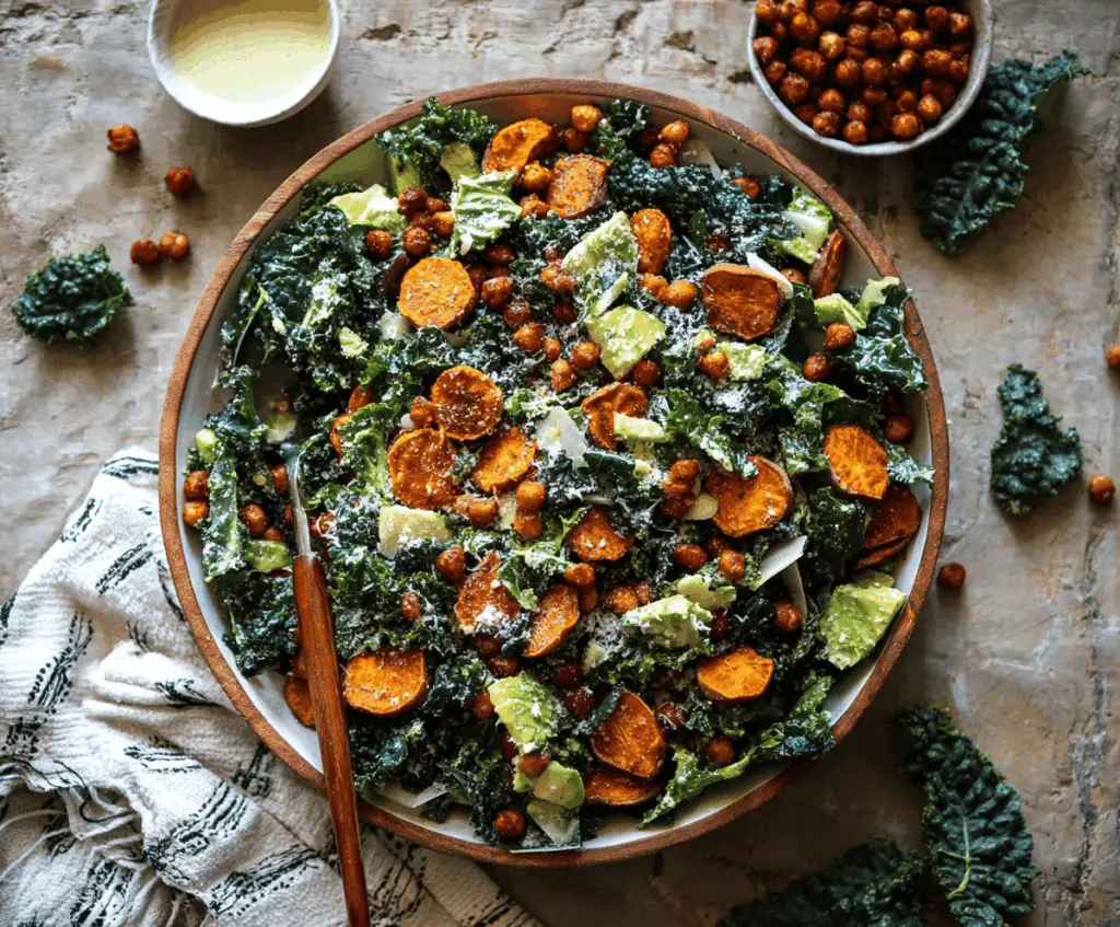 Fresh sweet potato and kale Caesar salad topped with crunchy croutons and creamy dressing, perfect for a healthy and flavorful meal.