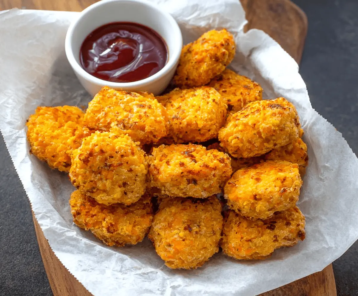 Golden crispy sweet potato nuggets served on a plate, perfect for a healthy snack or appetizer.