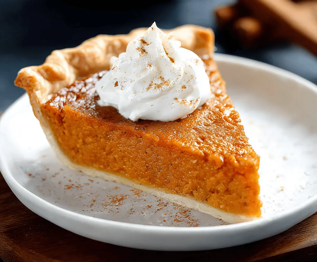 Delicious homemade sweet potato pie topped with whipped cream and cinnamon, served on a white plate for a comforting fall dessert.