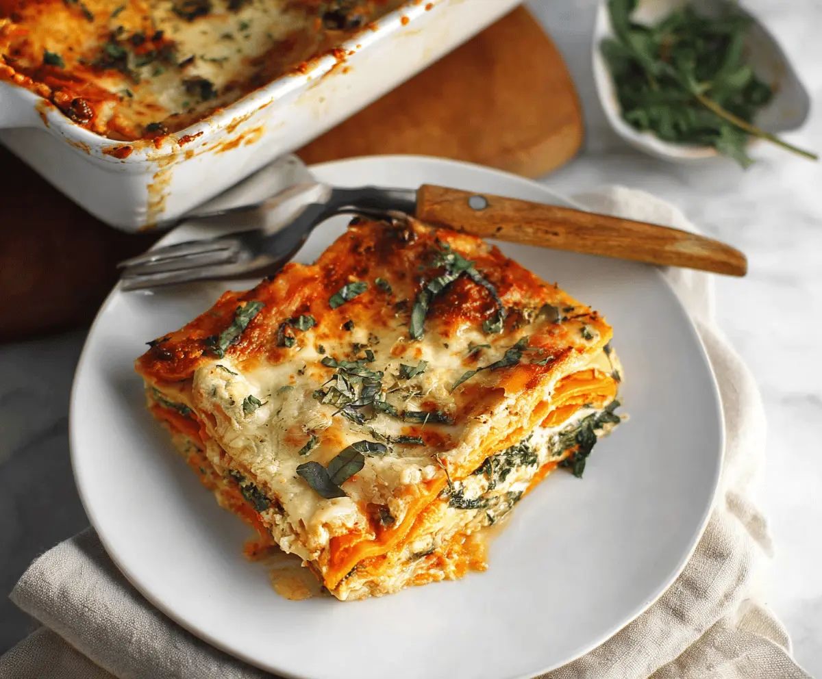 Delicious sweet potato spinach lasagna with layered sliced sweet potatoes, fresh spinach, and melted cheese, served on a white plate