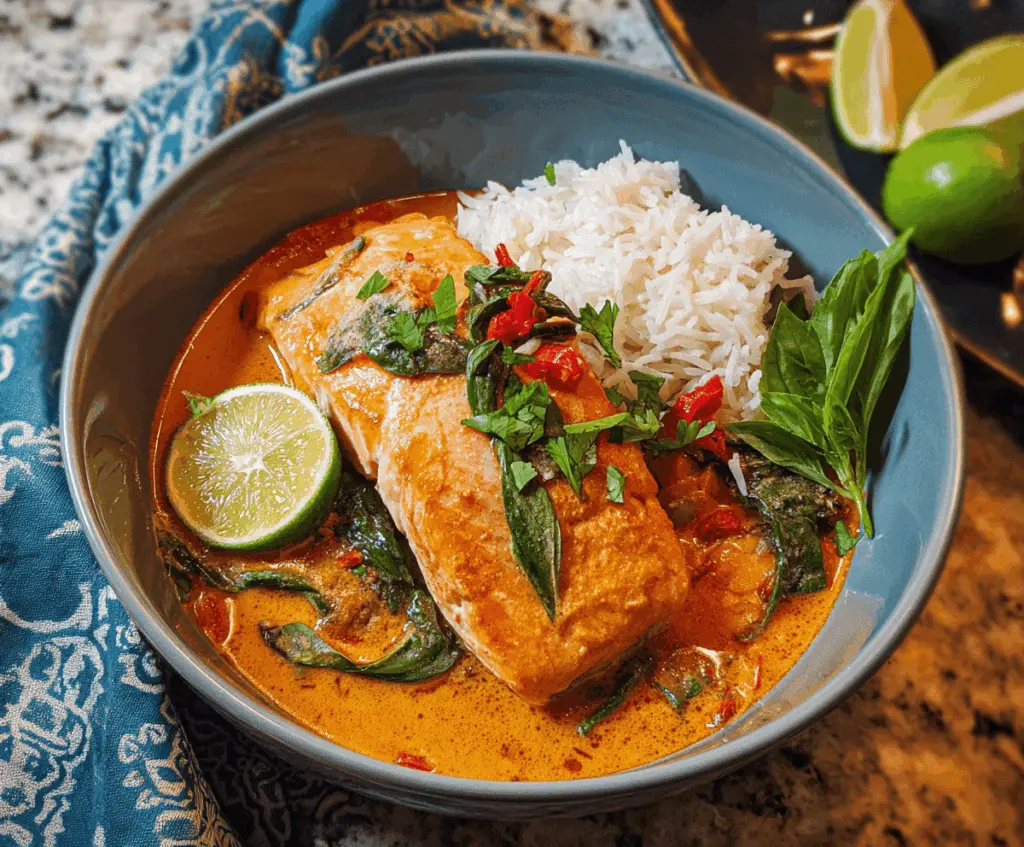 Delicious Thai Red Curry Salmon served with vibrant vegetables and fragrant herbs on a white plate