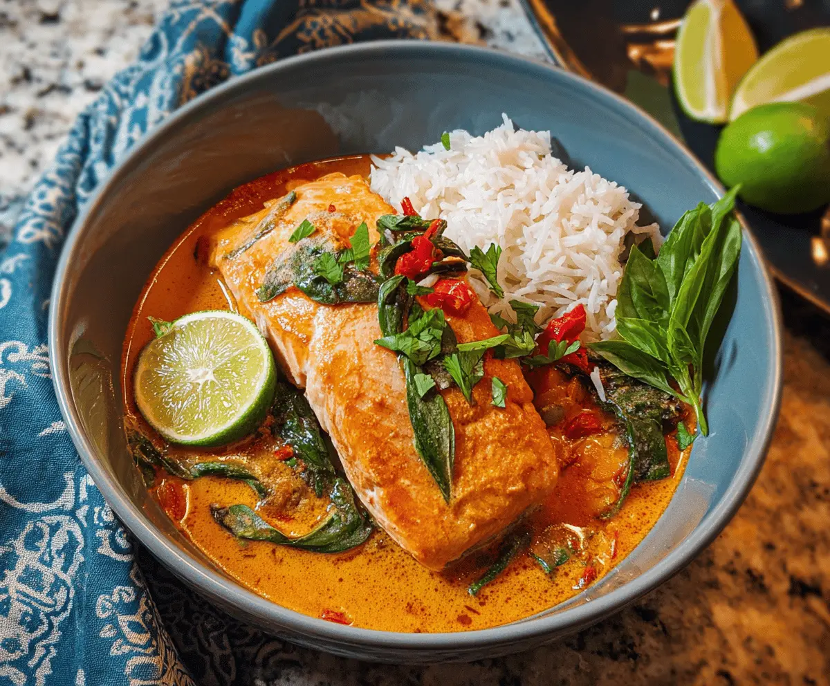 Delicious Thai Red Curry Salmon served with vibrant vegetables and fragrant herbs on a white plate