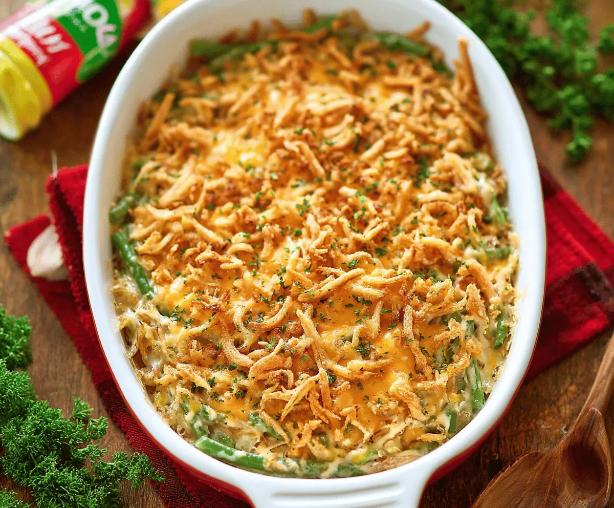 Delicious green bean casserole with potatoes, served in a baking dish for a hearty meal.