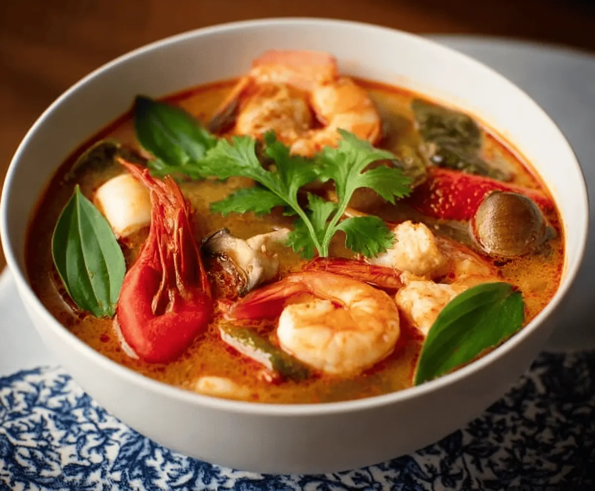 A steaming bowl of spicy and sour Tom Yum Soup garnished with fresh herbs, mushrooms, shrimp, and chili peppers, served in a traditional Thai bowl.