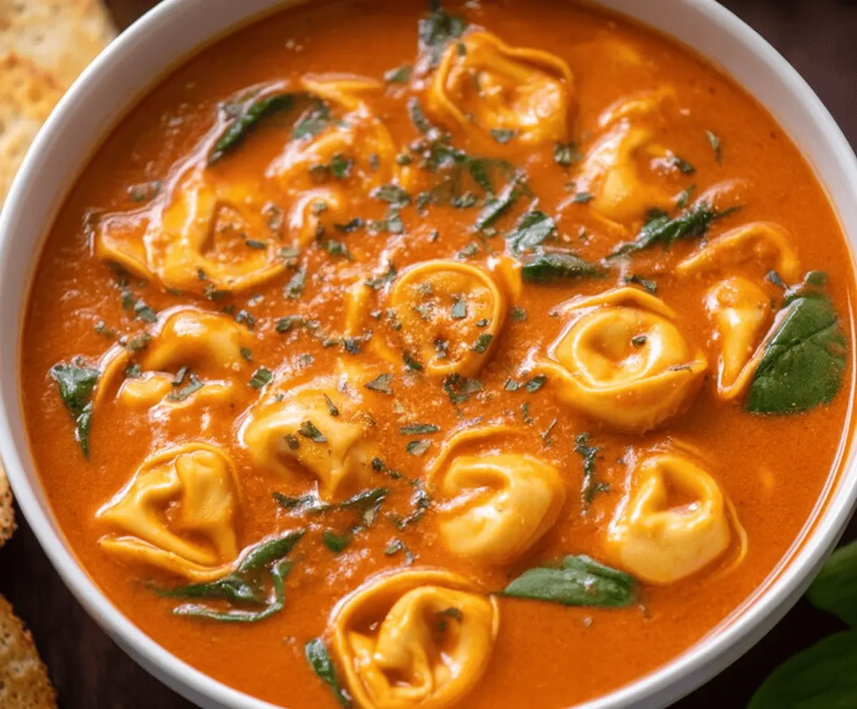 A bowl of warm Tomato Tortellini Soup garnished with fresh basil and grated cheese, featuring vibrant red tomato broth and tender tortellini pasta.