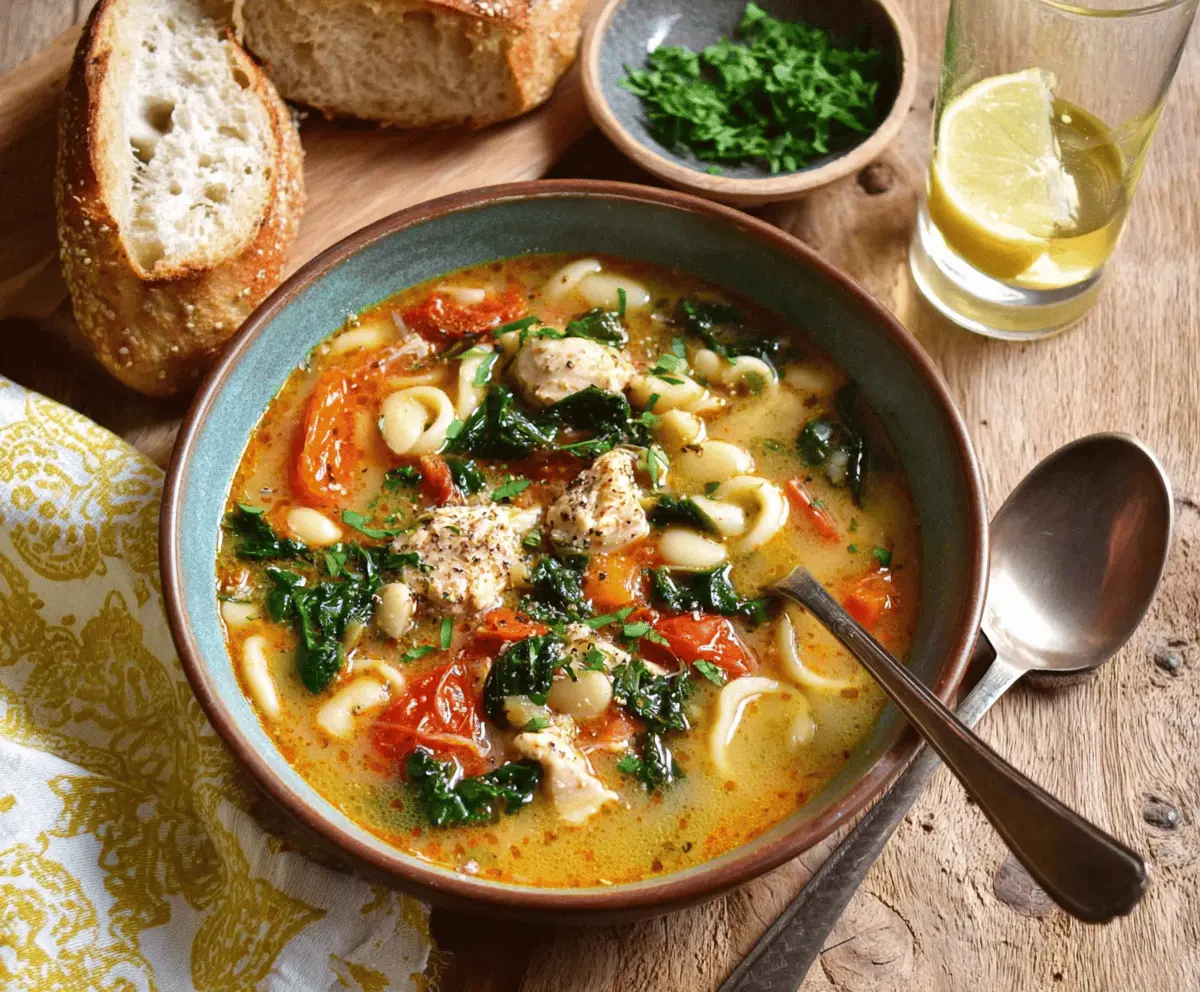 Creamy Tuscan Chicken Soup with spinach, sun-dried tomatoes, and herbs in a bowl, ready to serve