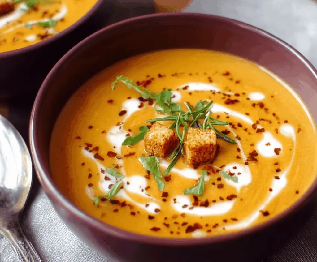 Creamy vegan sweet potato soup served in a bowl with fresh herbs and a slice of bread.