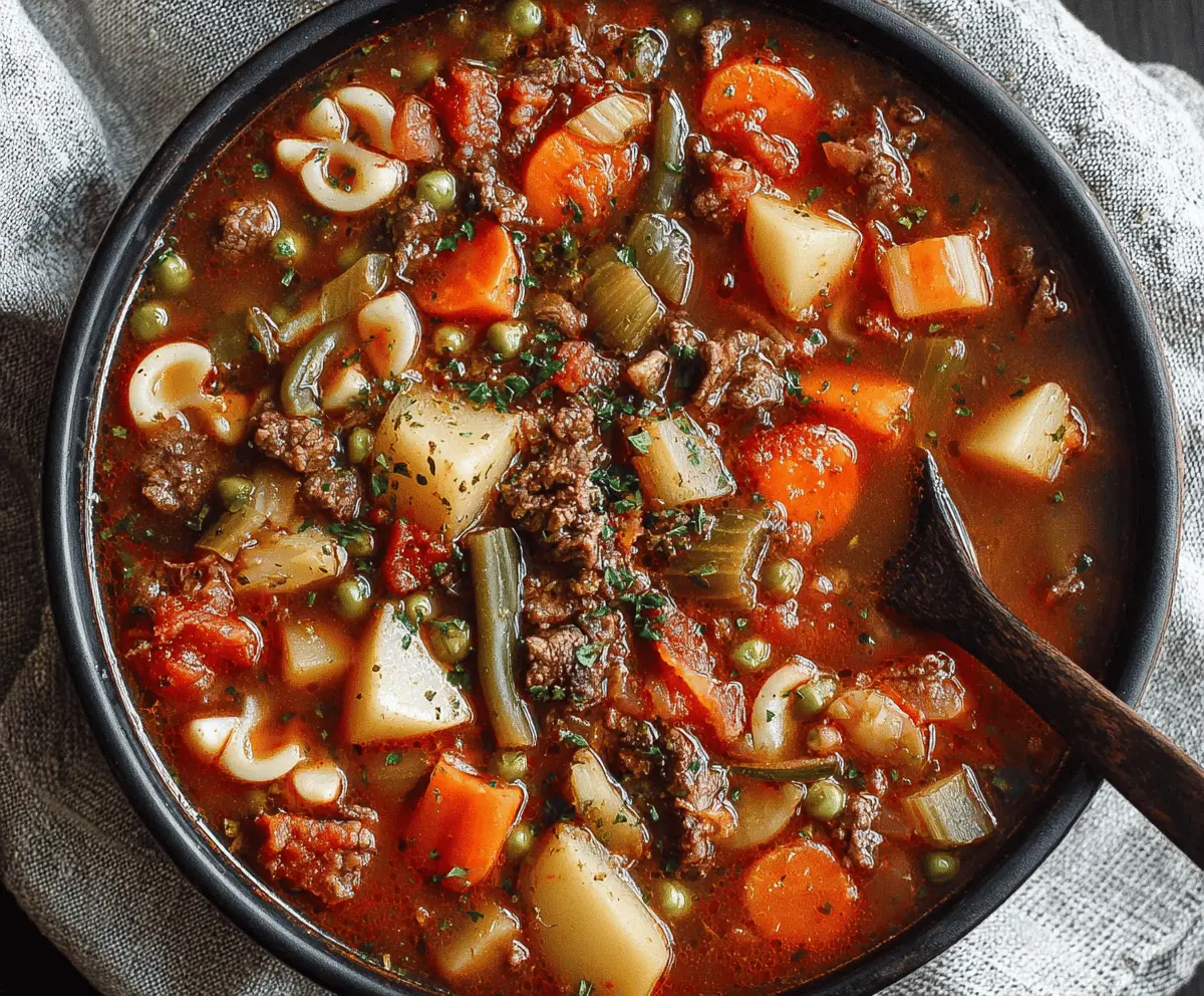 Hearty vegetable beef soup with tender beef chunks, fresh carrots, celery, potatoes, and green beans in a flavorful broth.