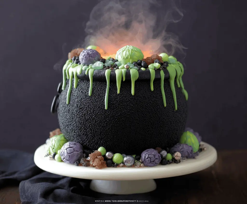 A spooky Witch Cauldron Cake decorated with green icing, gummy worms, and edible glitter, perfect for Halloween celebrations.