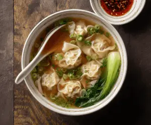 Hot bowl of savory wonton soup garnished with green onions and fresh herbs, featuring delicate dumplings in a clear broth