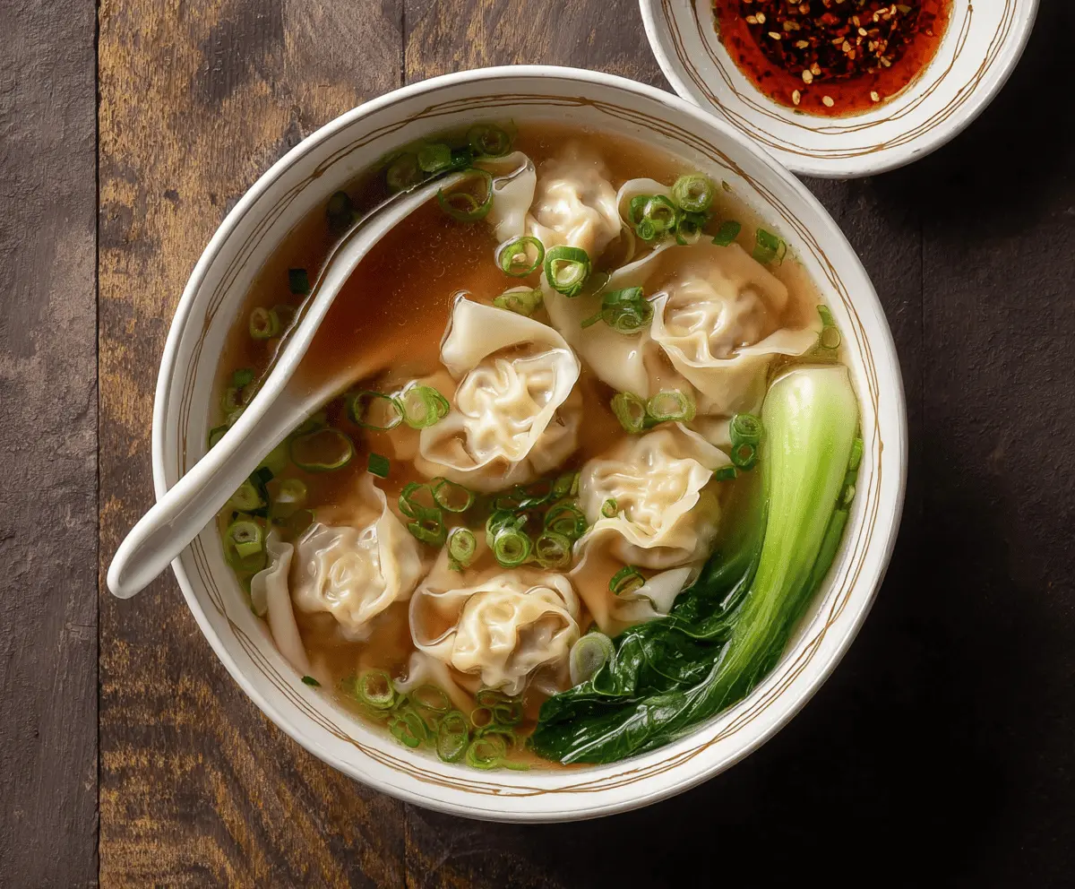 Hot bowl of savory wonton soup garnished with green onions and fresh herbs, featuring delicate dumplings in a clear broth
