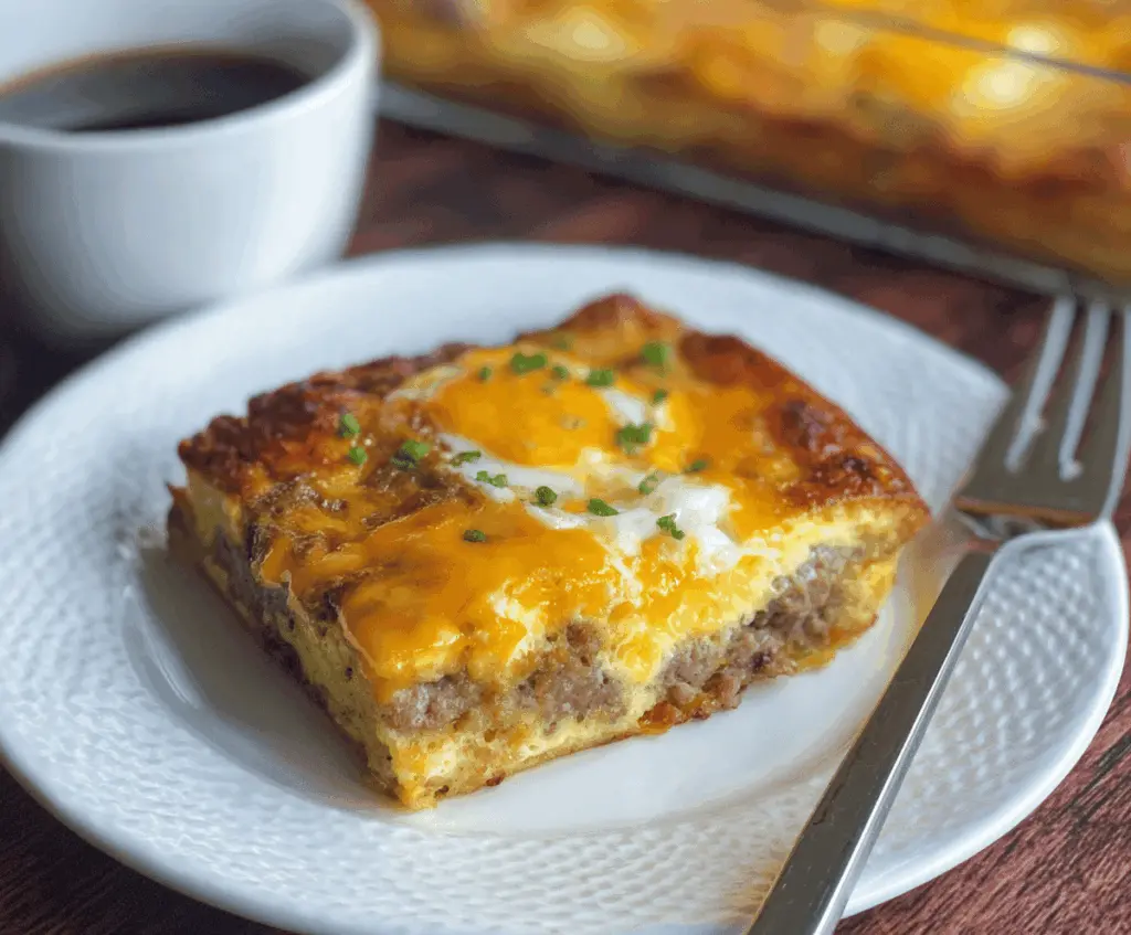 Delicious 4 ingredient sausage breakfast casserole with eggs and cheese, perfect for a quick morning meal