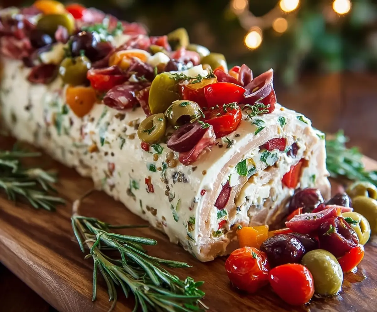 Delicious Antipasto Cream Cheese Log garnished with herbs and vegetables for appetizer.