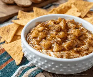 Delicious apple pie dip served with cinnamon tortilla chips, perfect for dessert or snack time.