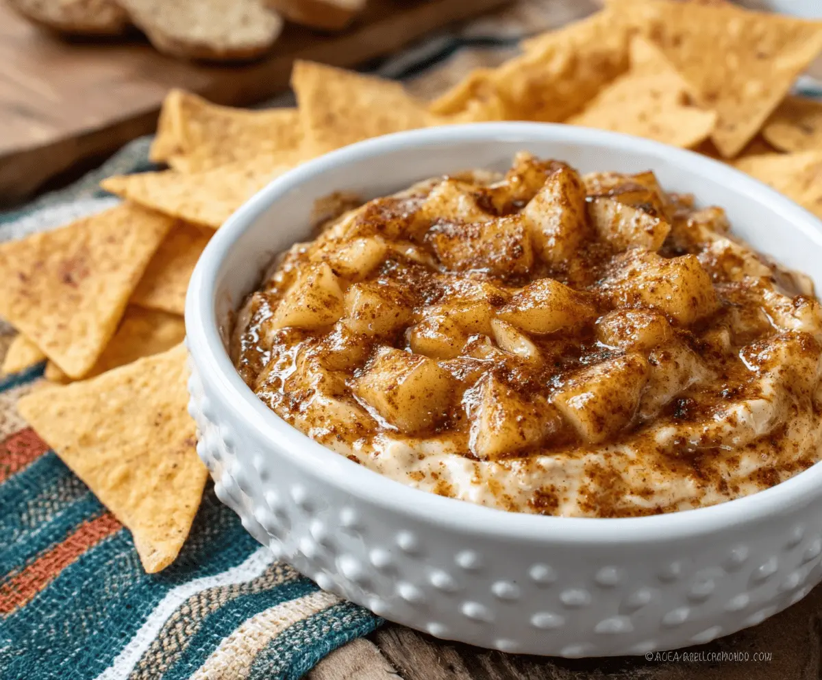 Delicious apple pie dip served with cinnamon tortilla chips, perfect for dessert or snack time.