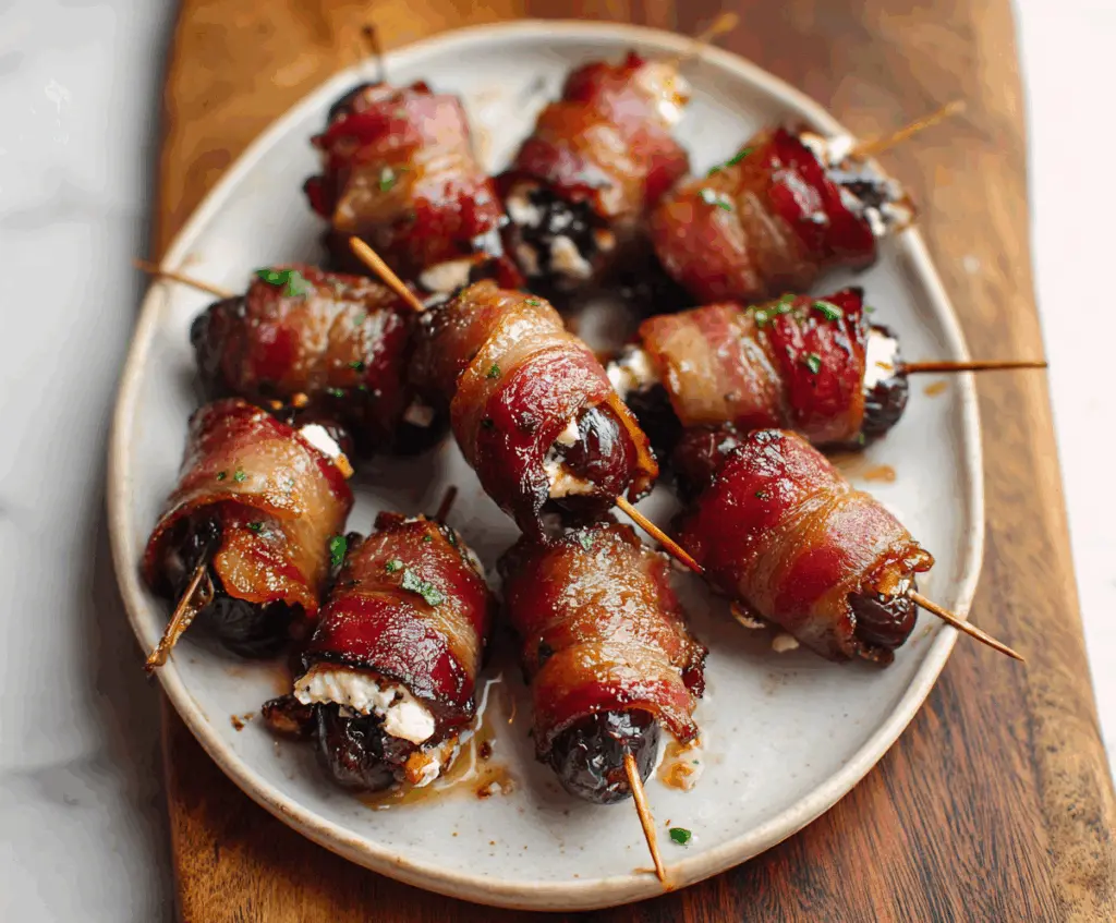 Delicious bacon-wrapped dates filled with creamy goat cheese, perfect appetizer for parties.
