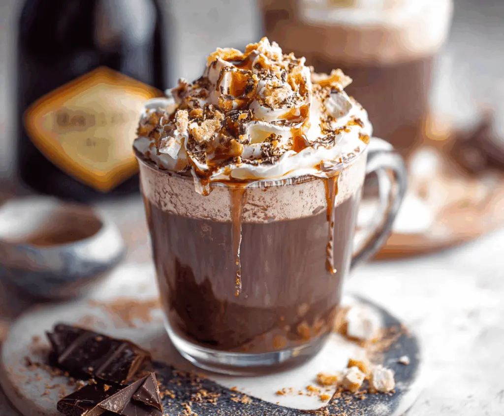 Creamy Baileys Hot Chocolate topped with whipped cream and chocolate shavings in a cozy mug.