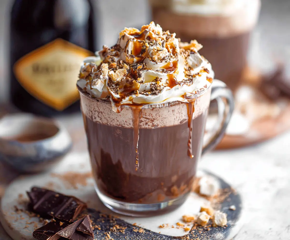 Creamy Baileys Hot Chocolate topped with whipped cream and chocolate shavings in a cozy mug.