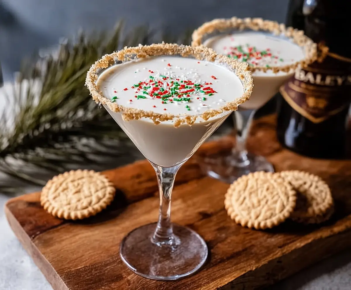 Creamy Baileys Sugar Cookie Martini served in a martini glass with sugar rim, garnished with a cookie