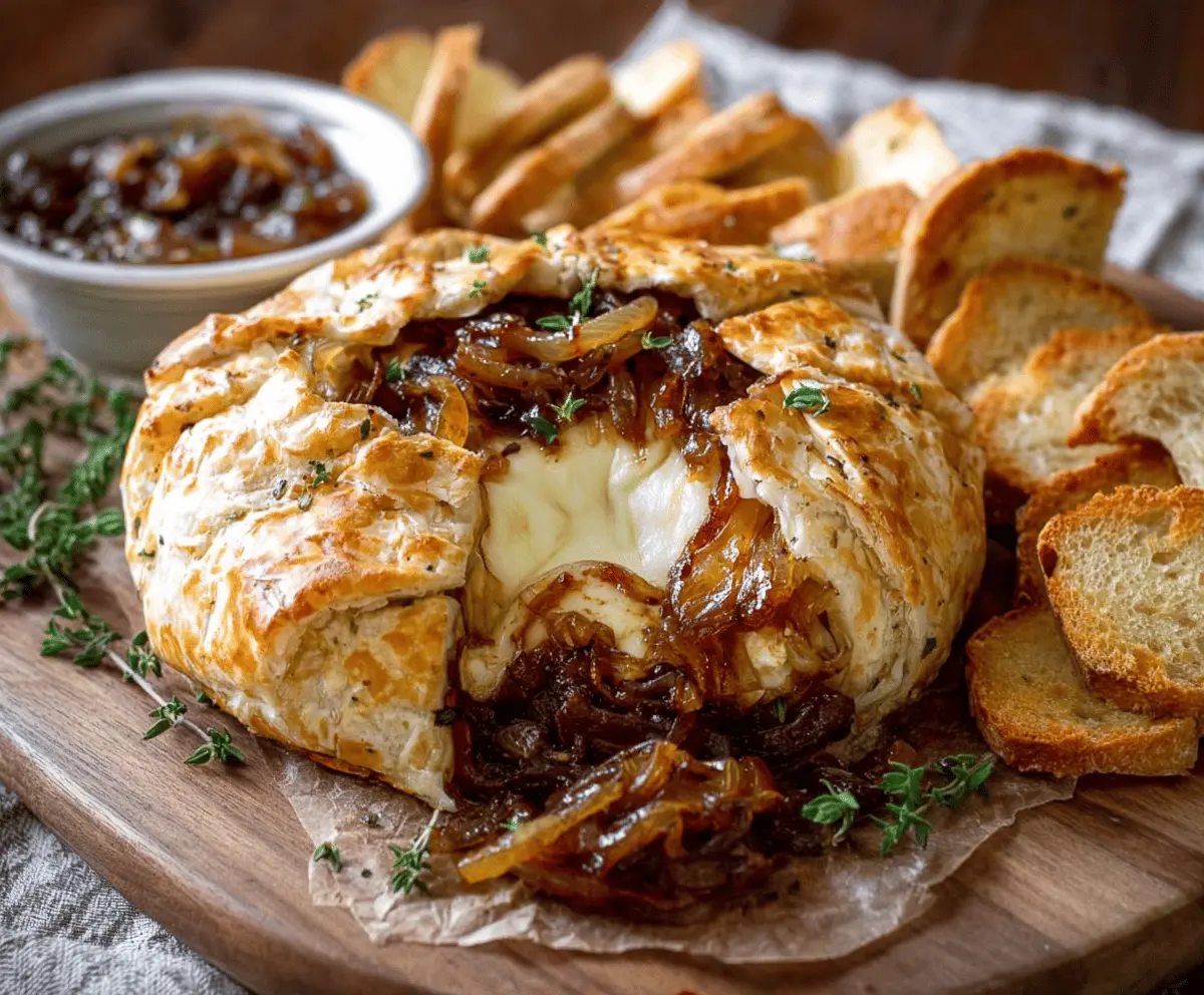 Delicious baked brie topped with sweet caramelized onions served on a rustic platter.