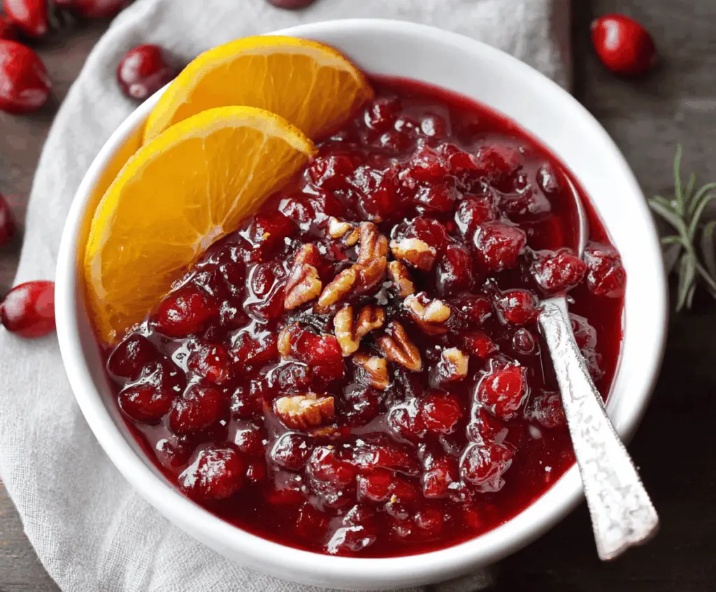 Delicious homemade baked cranberry sauce served in a bowl, perfect for holiday dinners.