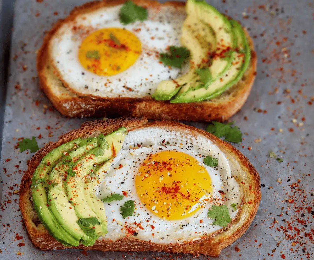 Delicious baked egg avocado toast on a rustic plate, perfect for a healthy breakfast.