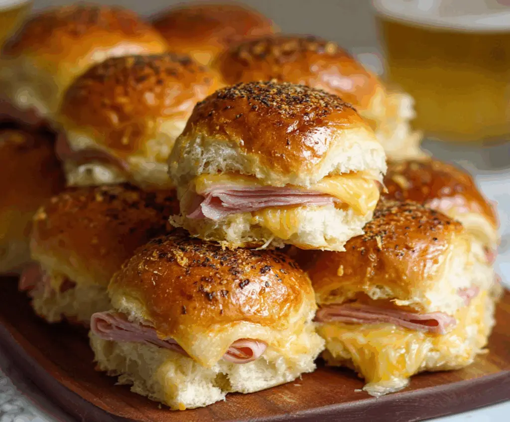 Delicious baked ham and cheese sliders fresh out of the oven, perfect for a savory snack or party appetizer.