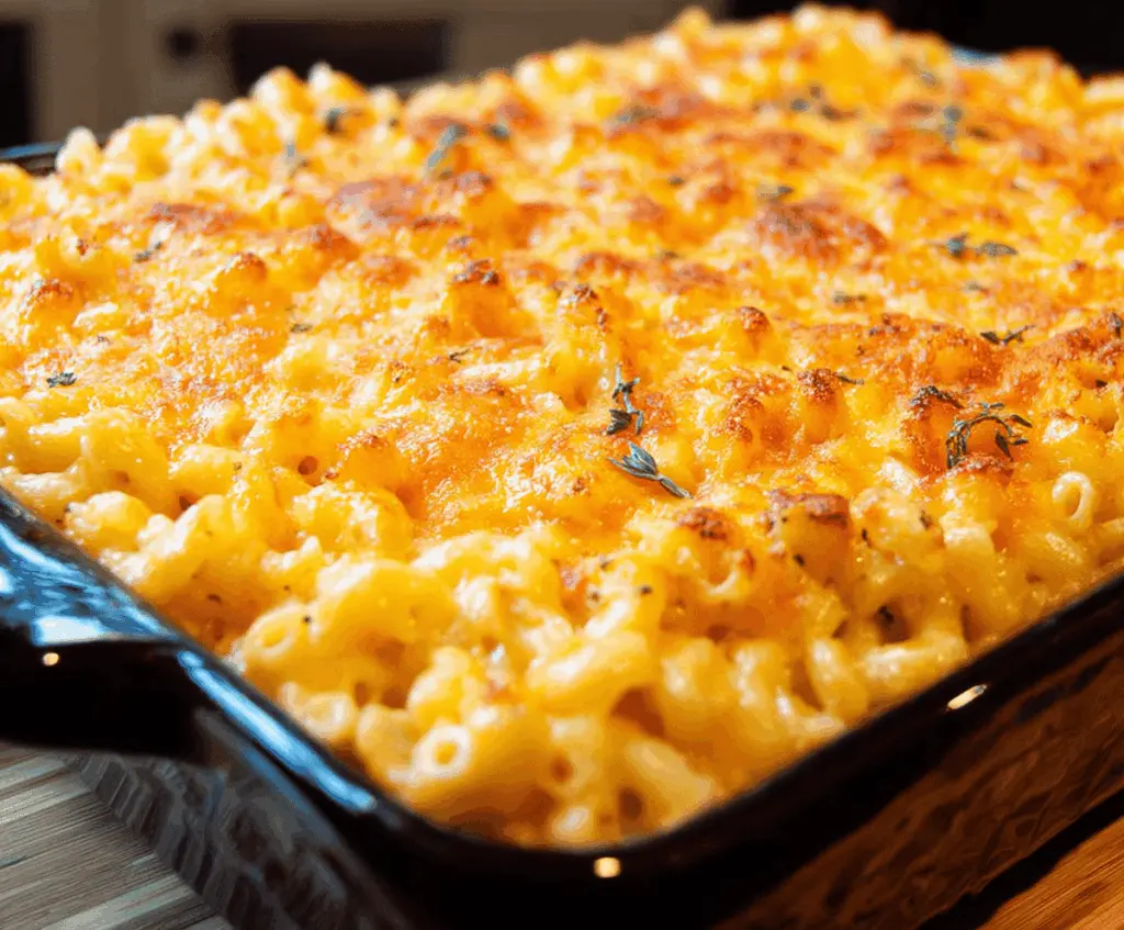 Creamy baked macaroni and cheese with golden browned topping, served in a white dish.