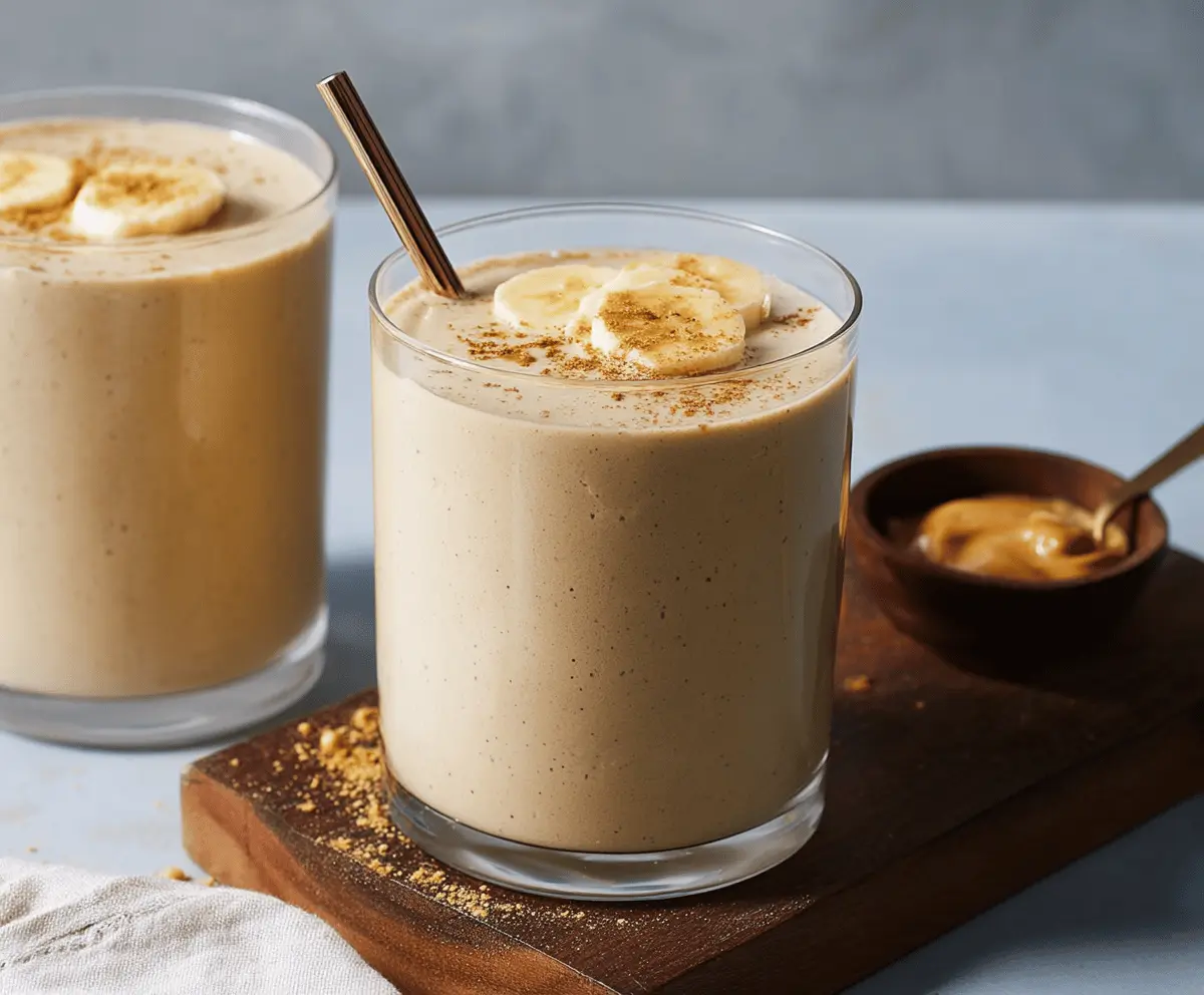 Creamy Banana Peanut Butter Smoothie in a glass with banana slices and peanut butter drizzle.
